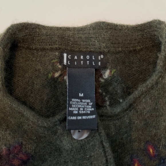 Carole Little Vintage 100% Wool Cardigan Gray/Green Embroidered Leaf Size M - Picture 5 of 9
